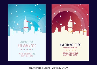 Oklahoma City Christmas poster with skyline, cityscape. Winter USA state holiday, New Year vector brochure, website, flyer, leaflet, card layout