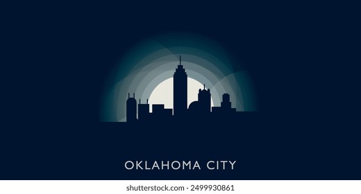 Oklahoma City paisaje urbano panorama panorama Vector Anuncio plano ilustración. EE.UU., idea del emblema del estado de los Estados Unidos con los Lugares famosos y las siluetas del edificio en la noche de la puesta del sol del amanecer