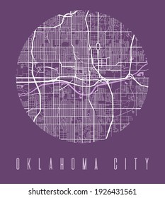 Oklahoma City map poster. Decorative design street map of Oklahoma City. Cityscape aria panorama silhouette aerial view, typography style. Land, river, highways, avenue. Round circular vector.