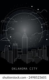 Oklahoma City city poster with skyline, horizon and attraction. USA, Oklahoma state vector illustration, black and white thin line for vertical brochure, website, flyer, presentation, book, card