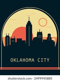 Cartel de estilo retro de Oklahoma City con horizonte, paisaje urbano. ILUSTRACIÓN VECTORIAL vintage del estado de los Estados Unidos. Portada estadounidense, folleto, folleto, Plantilla de folleto, Imagen de diseño