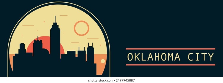 Anuncio de Vector de estilo retro de Oklahoma City con horizonte, paisaje urbano. Ilustración Horizontal vintage del estado de los Estados Unidos. Estados Unidos de América diseño de viaje para presentación de Web, encabezado, pie de página