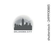 Oklahoma City skyline, downtown panorama logo, logotype. USA, Oklahoma state badge contour, isolated vector pictogram with memorial, monuments, landmarks, skyscrapers at sunrise, sunset