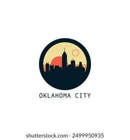 Oklahoma City skyline, downtown panorama logo, logotype. USA state round badge contour, isolated vector vintage pictogram with monuments, landmarks