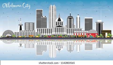 Oklahoma City Skyline with Gray Buildings, Blue Sky and Reflections. Vector Illustration. Business Travel and Tourism Concept with Modern Architecture. Oklahoma City Cityscape with Landmarks.