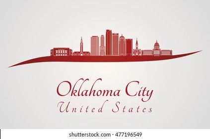 Oklahoma City skyline in red and gray background in editable vector file