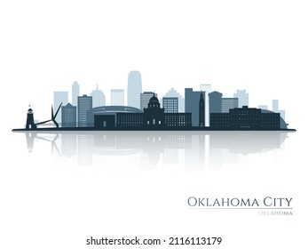 Silueta de la ciudad de Oklahoma con reflexión. Paisaje OKC, Oklahoma. Ilustración vectorial.