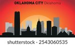 Oklahoma city skyline with silhouettes of buildings against the backdrop of a large yellow sun and orange sky. Vector on the background of sunset