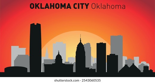 Horizonte de la ciudad de Oklahoma con siluetas de edificios con el telón de fondo de un Grande sol amarillo y cielo naranja. Vector en el fondo de la puesta del sol