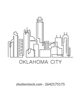 Oklahoma City stroke, single art skyline. Continuous urban panorama silhouette outline, vector illustration of USA, Oklahoma state city with buildings, skyscrapers. Thin line icon, logo, card