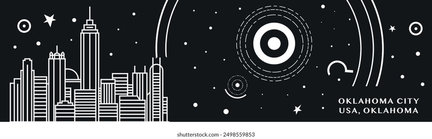 Anuncio de estilo de línea delgada de la ciudad de Oklahoma con paisaje urbano y horizonte en blanco y negro. Ilustración Horizontal del Vector de la pizarra, cabecera, pie de página para los EE.UU., estado americano