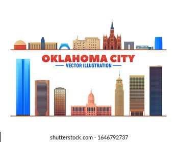 Oklahoma City (US) city landmarks at white background. Flat realistic style with famous landmarks and modern scraper buildings. Vector illustration for web or print production.