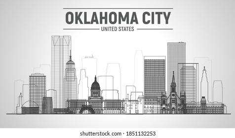 Oklahoma City (US) line skyline at white background. Stroke realistic style with famous landmarks and modern scraper buildings. Vector illustration for web or print production.