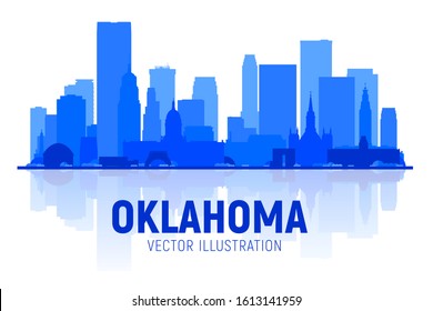 Oklahoma City (US) skyline silhouette at white background. Flat realistic style with famous landmarks and modern scraper buildings. Vector illustration for web or print production.