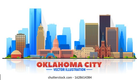 Oklahoma City (US) skyline silhouette at white background. Flat realistic style with famous landmarks and modern scraper buildings. Vector illustration for web or print production.