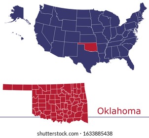 Oklahoma counties vector map with USA map colors national flag