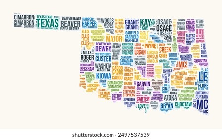 Oklahoma counties word cloud. State logo design. Counties typography style vector image. Oklahoma colored text cloud. Classy vector illustration.