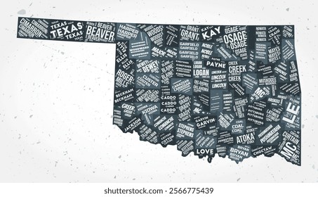 Oklahoma counties word clouds. State shape on textured background. Oklahoma design in typographic style. Amazing vector illustration.