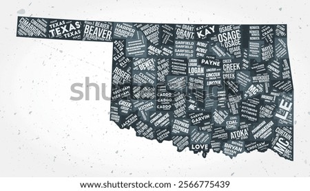 Oklahoma counties word clouds. State shape on textured background. Oklahoma design in typographic style. Amazing vector illustration.