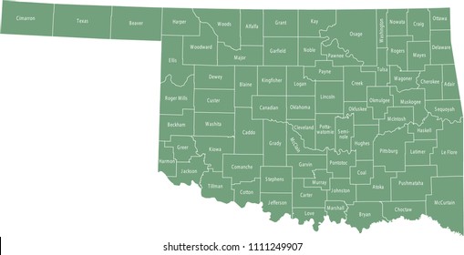 Oklahoma county map vector outline green background. Map of Oklahoma state of USA with borders and counties names labeled