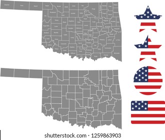 Oklahoma county map vector outline in gray background. Oklahoma state of USA map with counties names labeled and United States flag icon vector illustration designs