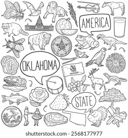 Oklahoma Doodle Icons Black and White Line Art. USA State Clipart Hand Drawn Symbol Design.