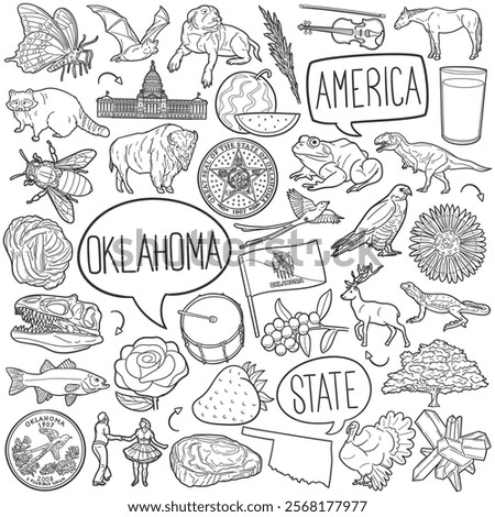 Oklahoma Doodle Icons Black and White Line Art. USA State Clipart Hand Drawn Symbol Design.