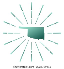 Oklahoma gradiented sunburst. Map of the US state with colorful star rays. Oklahoma illustration in digital, technology, internet, network style. Vector illustration.