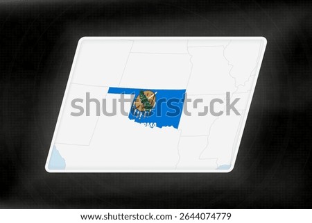 Oklahoma Highlighted in Flag Colors on Geographic Map. Modern Map on a dark abstract backdrop.
