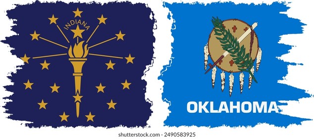 Oklahoma and Indiana states grunge brush flags connection, vector