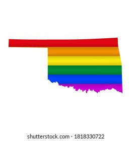 Oklahoma LGBT flag map. Vector illustration. Slightly wavy rainbow gay pride flag map.