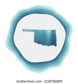 Oklahoma Logo. Abzeichen des US-Bundesstaates. Geländetes kreisförmiges Schild um die Grenzform von Oklahoma. Schöne Vektorgrafik.