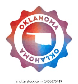 Oklahoma low poly logo. Colorful gradient travel logo of the US state in geometric style. Multicolored polygonal Oklahoma rounded sign with map for your infographics.