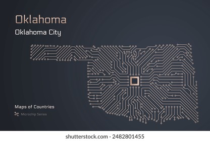 Oklahoma Map with a capital of Oklahoma City Shown in a Microchip Pattern. Silicon valley, E-government. United States vector maps. Microchip Series	
