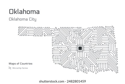 Oklahoma Map with a capital of Oklahoma City Shown in a Microchip Pattern. Silicon valley, E-government. United States vector maps. Microchip Series	