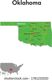 Mapa de Oklahoma. El mapa muestra las capitales de estado, las principales ciudades y autopistas.