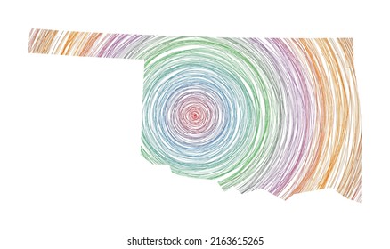 Oklahoma map filled with concentric circles. Sketch style circles in shape of the us state. Vector Illustration.