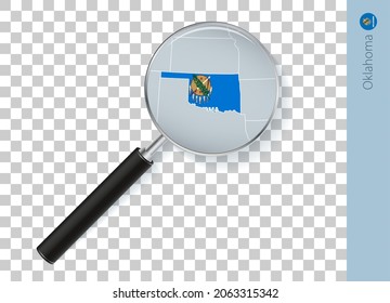 Oklahoma map with flag in magnifying glass on transparent background. Vector loupe with map.