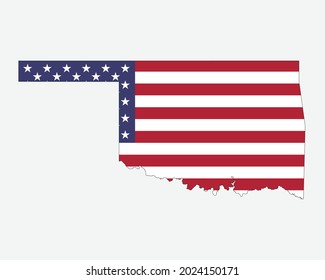 Mapa de Oklahoma sobre la bandera estadounidense. OK, Mapa del Estado de EE.UU. sobre la bandera de EE.UU. Icono de recorte gráfico del vector EPS