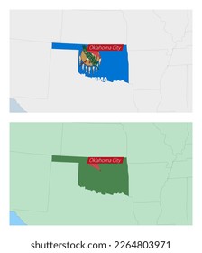 Oklahoma map with pin of country capital. Two types of Oklahoma map with neighboring countries. Vector template.