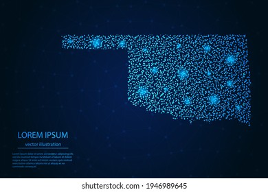 Oklahoma map from point blue and glowing stars on a dark background. Vector eps 10.