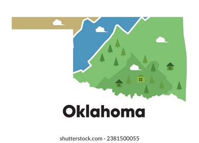 Oklahoma map shape United states America green forest hand drawn cartoon style with trees travel terrain 