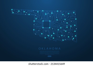 Oklahoma Map - United States of America Map vector with Abstract futuristic circuit board. High-tech technology mash line and point scales on dark background - Vector illustration ep 10 