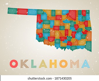 Mapa de Oklahoma. Afiche del estado de EEUU con regiones de colores. Vieja textura gruesa. Ilustración vectorial de Oklahoma con el nombre del estado de ee.uu.