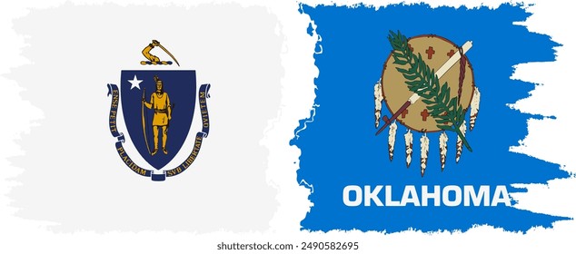Oklahoma and Massachusetts states grunge brush flags connection, vector