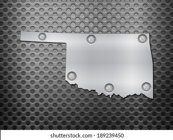 Oklahoma metal map on a black metal grid.