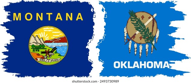 Oklahoma and Montana states grunge brush flags connection, vector