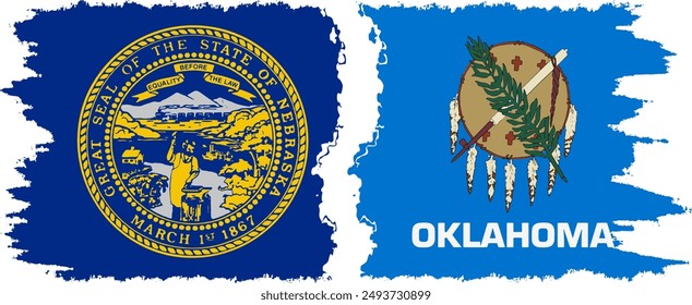 Oklahoma and Nebraska states grunge brush flags connection, vector