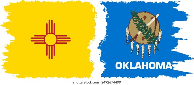 Oklahoma and New Mexico states grunge brush flags connection, vector