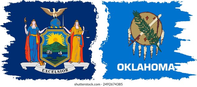 Oklahoma and New York states grunge brush flags connection, vector
